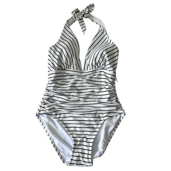 Tommy Hilfiger Black and White Striped One Piece Swimsuit SZ 10 - Picture 1 of 3
